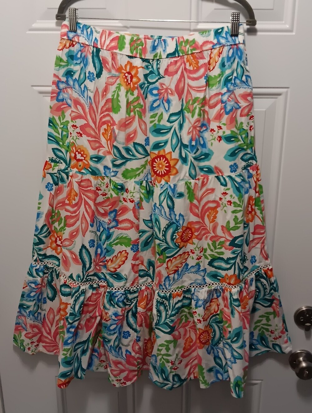Tropical Floral Tiered A-Line Midi Skirt Sz M Cottagecore Cotton/Rayon Blend